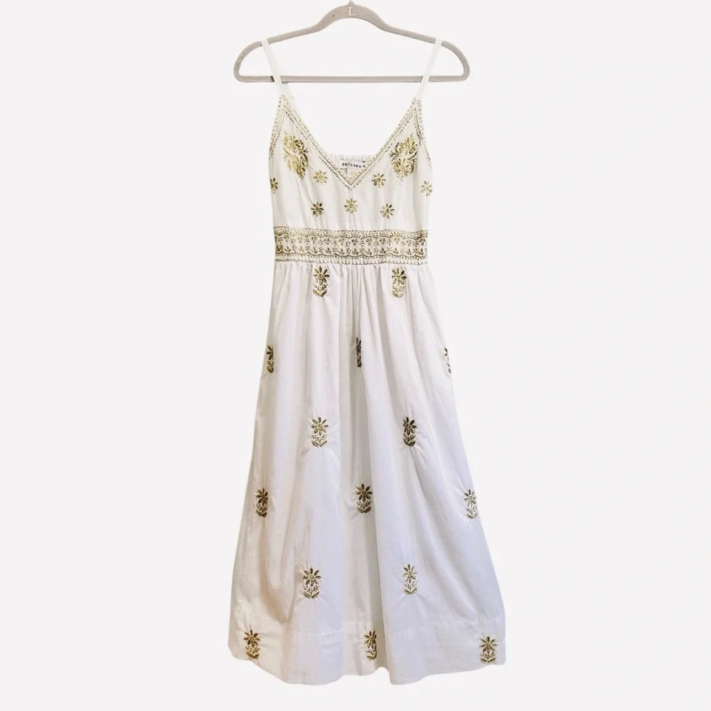 Gretchen Scott hand embroidered midi dress Fiesta Time white/gold, size medium